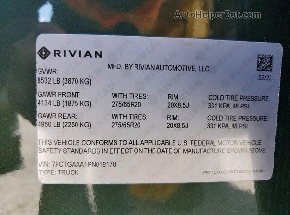 7FCTGAAA1PN019170 2023 RIVIAN R1T Зеленый Вид подкапотного пространства