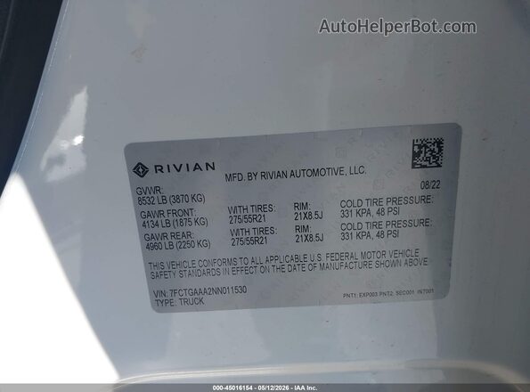 7FCTGAAA2NN011530 2022 RIVIAN R1T White Vista del compartimento del motor