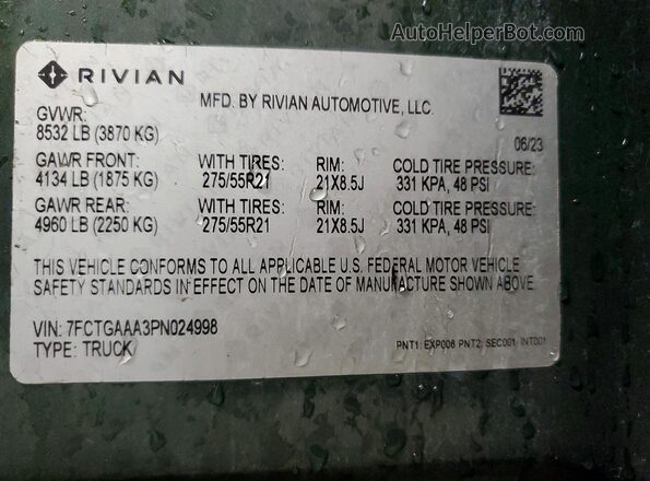 7FCTGAAA3PN024998 2023 RIVIAN R1T Зеленый Вид наклейки с VIN-кодом