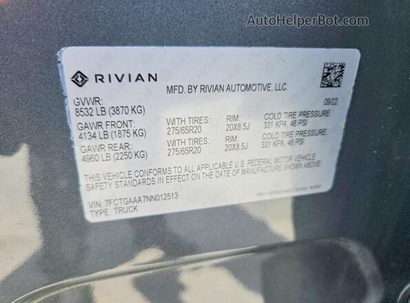 7FCTGAAA7NN012513 2022 RIVIAN R1T Серый Вид наклейки с VIN-кодом