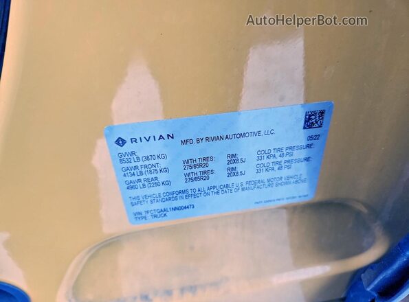 7FCTGAAL1NN004473 2022 RIVIAN R1T Желтый Вид наклейки с VIN-кодом