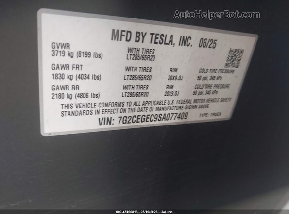 7G2CEGEC9SA077409 2025 TESLA CYBERTRUCK Серебряный Вид подкапотного пространства