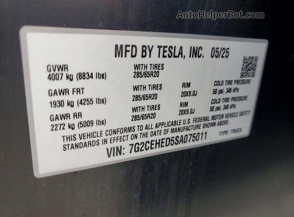 7G2CEHED5SA075011 2025 TESLA CYBERTRUCK Gray Widok naklejki z numerem VIN