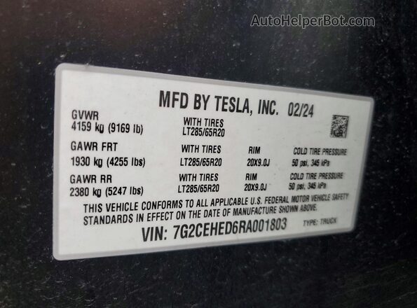 7G2CEHED6RA001803 2024 TESLA CYBERTRUCK Двухцветный Вид наклейки с VIN-кодом