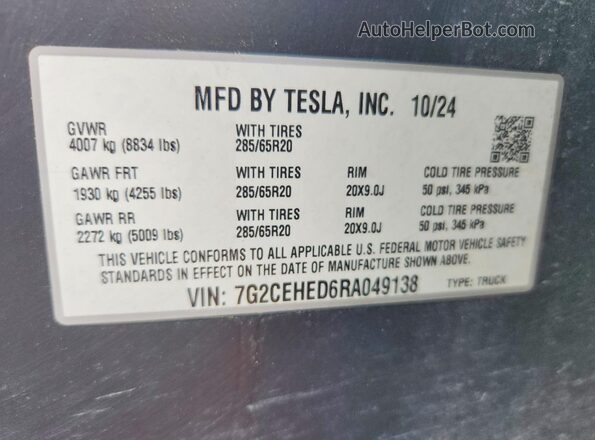 7G2CEHED6RA049138 2024 TESLA CYBERTRUCK Silver Вид наклейки з VIN-кодом