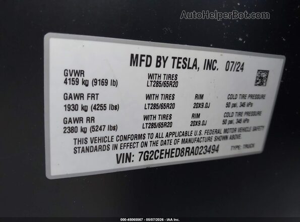 7G2CEHED8RA023494 2024 TESLA CYBERTRUCK Серебряный Вид наклейки с VIN-кодом