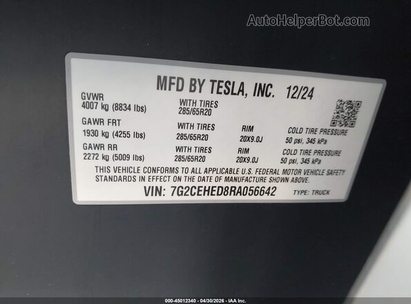 7G2CEHED8RA056642 2024 TESLA CYBERTRUCK Серый Вид подкапотного пространства