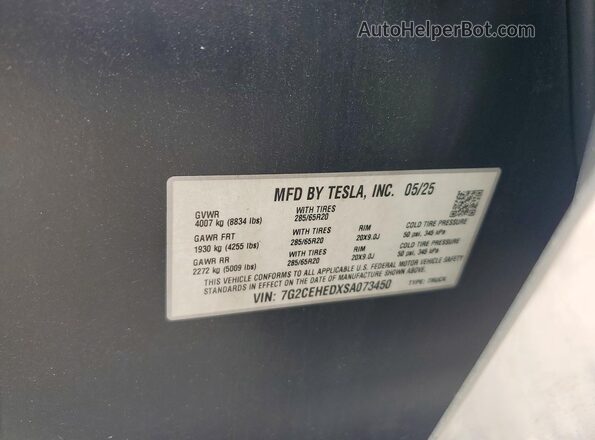 7G2CEHEDXSA073450 2025 TESLA CYBERTRUCK Silver Widok naklejki z numerem VIN