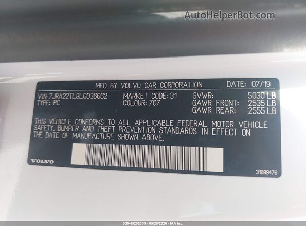 7JRA22TL8LG036662 2020 VOLVO S60 Белый Вид подкапотного пространства