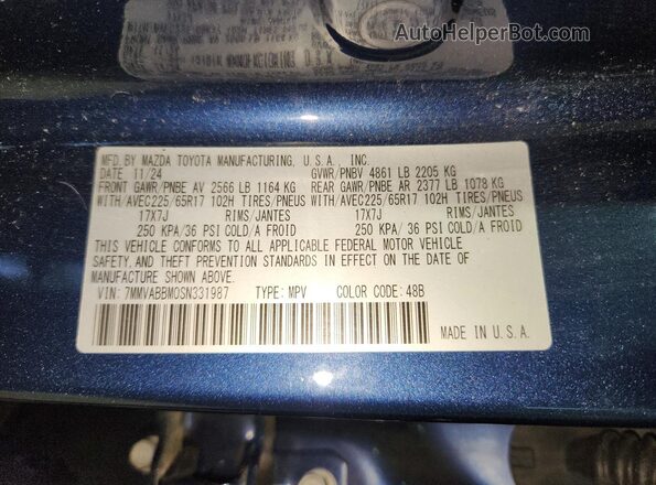 7MMVABBM0SN331987 2025 MAZDA CX-5 Синий Вид наклейки с VIN-кодом