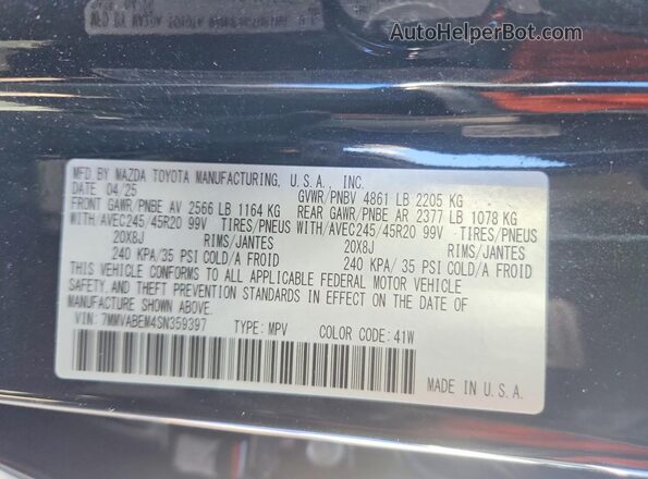 7MMVABEM4SN359397 2025 MAZDA CX-5 Black VIN კოდის სტიკერის ხედი