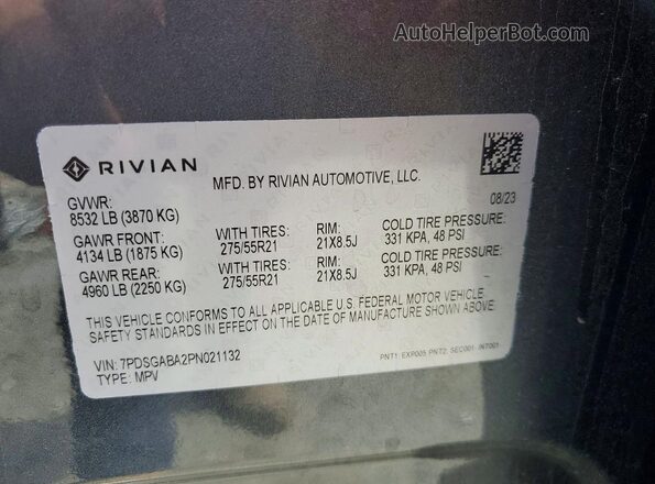 7PDSGABA2PN021132 2023 RIVIAN R1S Серый Вид наклейки с VIN-кодом