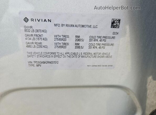 7PDSGABA2RN037012 2024 RIVIAN R1S Серый Вид подкапотного пространства