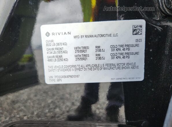 7PDSGABAXPN010167 2023 RIVIAN R1S Черный Вид наклейки с VIN-кодом