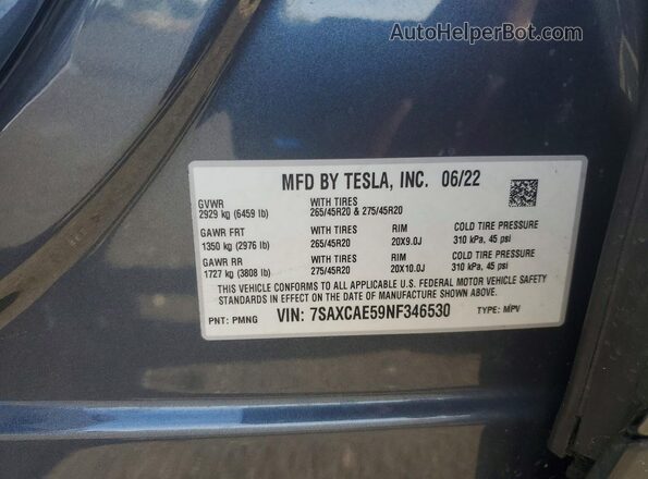 7SAXCAE59NF346530 2022 TESLA MODEL Серый Вид наклейки с VIN-кодом