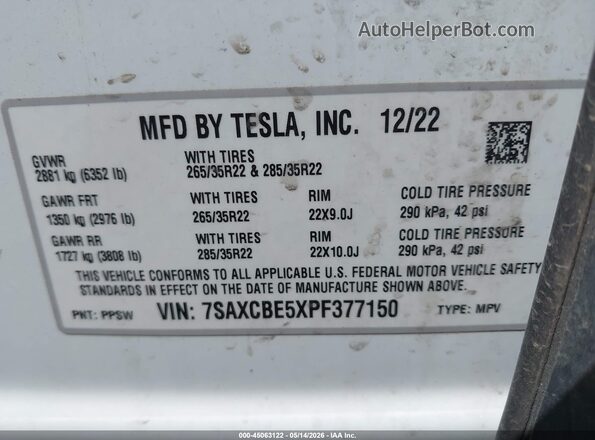 7SAXCBE5XPF377150 2023 TESLA MODEL X White Widok komory silnika