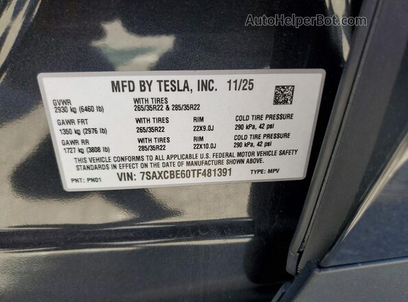 7SAXCBE60TF481391 2026 TESLA MODEL Gray Вид підкапотного простору