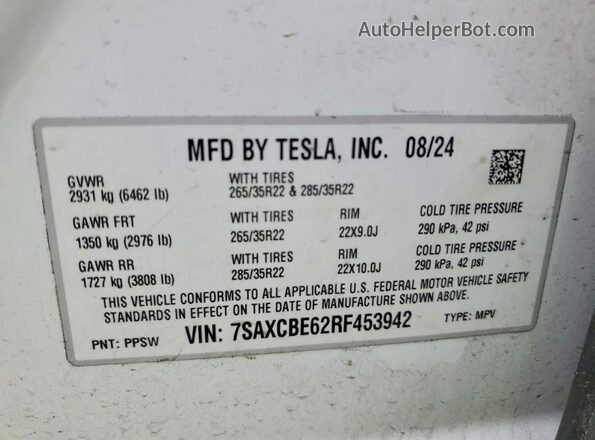 7SAXCBE62RF453942 2024 TESLA MODEL White Панорамний вид салону 360°