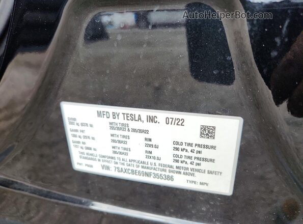 7SAXCBE69NF355386 2022 TESLA MODEL Black VIN კოდის სტიკერის ხედი