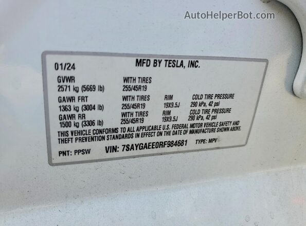 7SAYGAEE0RF984681 2024 TESLA MODEL White Vista de la etiqueta del VIN