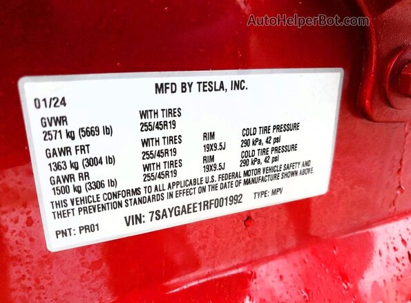 7SAYGAEE1RF001992 2024 TESLA MODEL Red 360 interior view