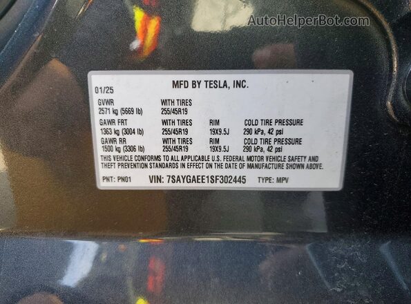 7SAYGAEE1SF302445 2025 TESLA MODEL Gray VIN sticker view