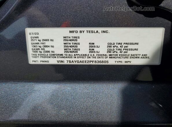 7SAYGAEE2PF836805 2023 TESLA MODEL Charcoal VIN կոդի պիտակի տեսք