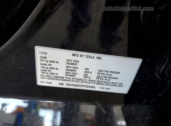 7SAYGAEE2PF926486 2023 TESLA MODEL Black VIN կոդի պիտակի տեսք