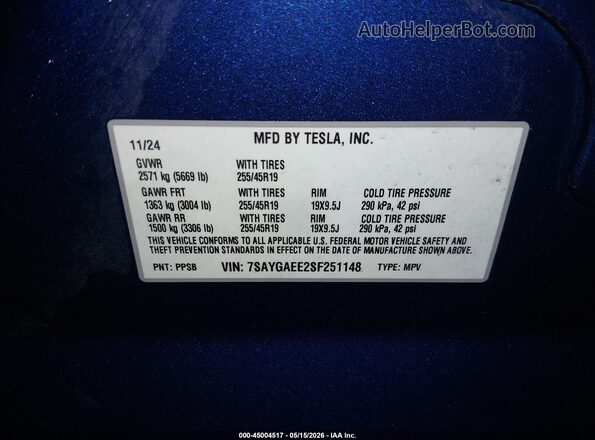 7SAYGAEE2SF251148 2025 TESLA MODEL Y Blue Widok komory silnika