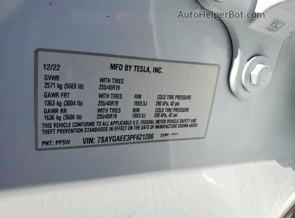 7SAYGAEE3PF621286 2023 TESLA MODEL Белый Вид наклейки с VIN-кодом
