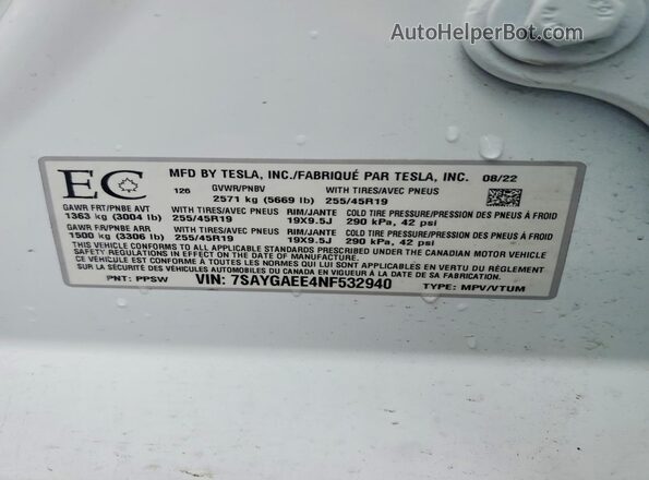 7SAYGAEE4NF532940 2022 TESLA MODEL White Widok komory silnika