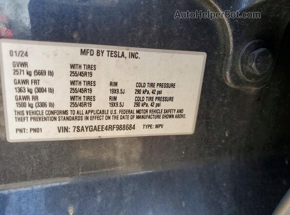 7SAYGAEE4RF988684 2024 TESLA MODEL Gray Вид підкапотного простору