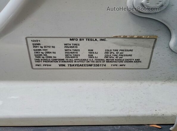 7SAYGAEE5NF338174 2022 TESLA MODEL Белый Вид подкапотного пространства