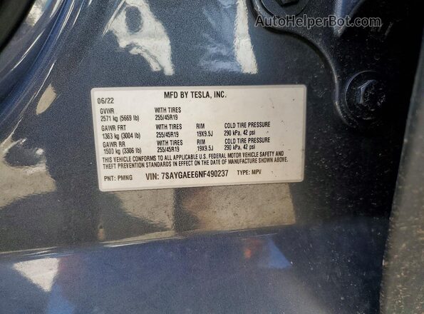 7SAYGAEE6NF490237 2022 TESLA MODEL Серый Вид наклейки с VIN-кодом