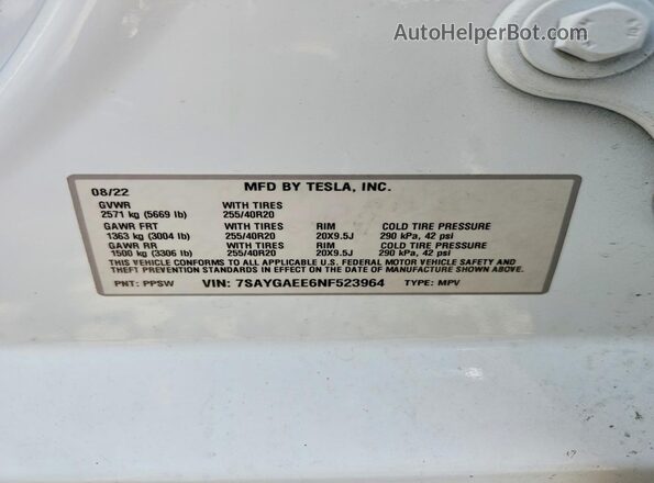 7SAYGAEE6NF523964 2022 TESLA MODEL Белый Вид подкапотного пространства