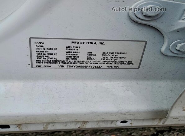7SAYGAEE6RF191837 2024 TESLA MODEL Белый Вид наклейки с VIN-кодом