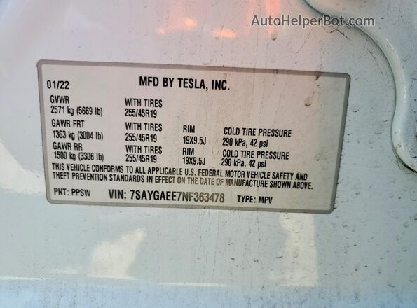 7SAYGAEE7NF363478 2022 TESLA MODEL Белый Вид наклейки с VIN-кодом