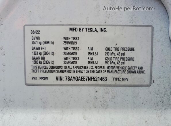 7SAYGAEE7NF521463 2022 TESLA MODEL White VIN კოდის სტიკერის ხედი