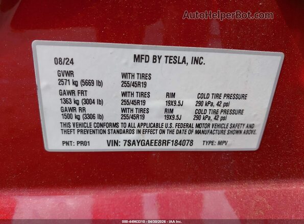 7SAYGAEE8RF184078 2024 TESLA MODEL Y Red Widok komory silnika
