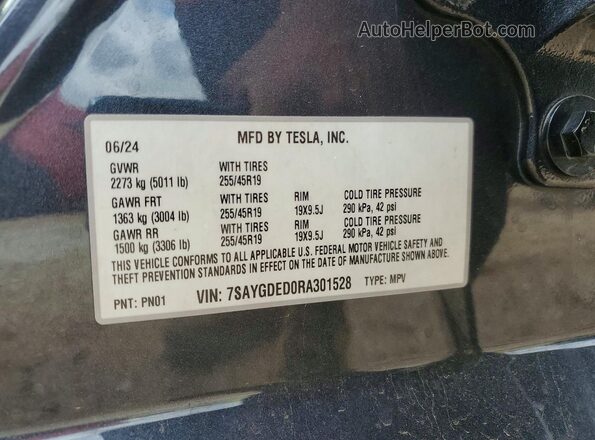7SAYGDED0RA301528 2024 TESLA MODEL Charcoal Widok naklejki z numerem VIN