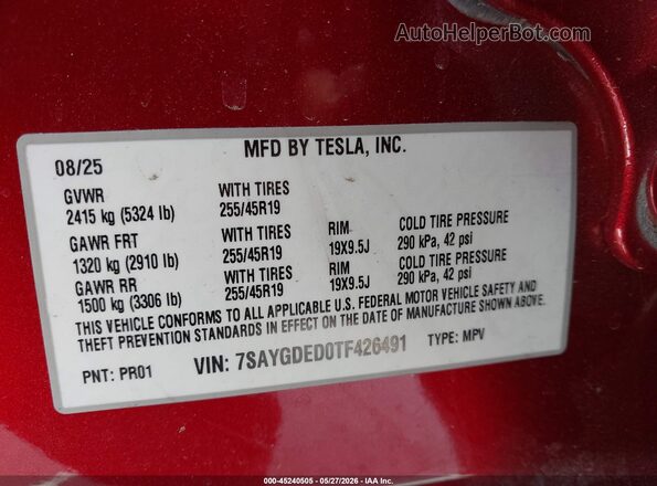 7SAYGDED0TF426491 2026 TESLA MODEL Y Red Widok komory silnika