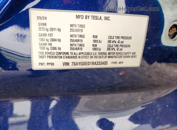 7SAYGDED1RA333405 2024 TESLA MODEL Blue 360 interior view