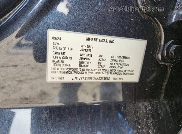 7SAYGDED2RA334658 2024 TESLA MODEL Gray VIN sticker view