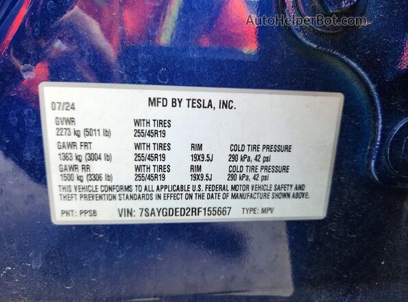 7SAYGDED2RF155667 2024 TESLA MODEL Blue VIN sticker view