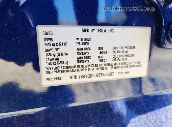 7SAYGDED2TF432387 2026 TESLA MODEL Blue VIN կոդի պիտակի տեսք