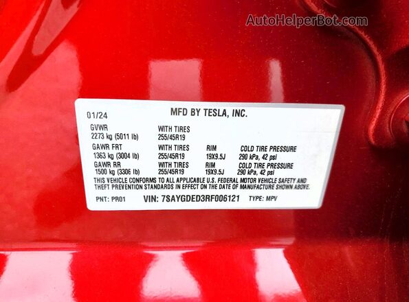 7SAYGDED3RF006121 2024 TESLA MODEL Red VIN sticker view