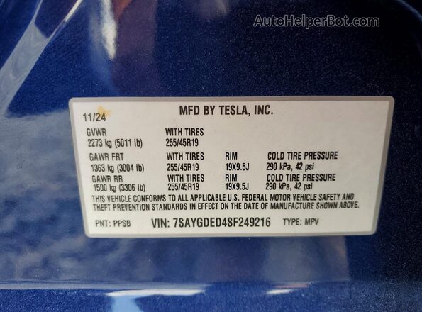 7SAYGDED4SF249216 2025 TESLA MODEL Blue Вид наклейки з VIN-кодом