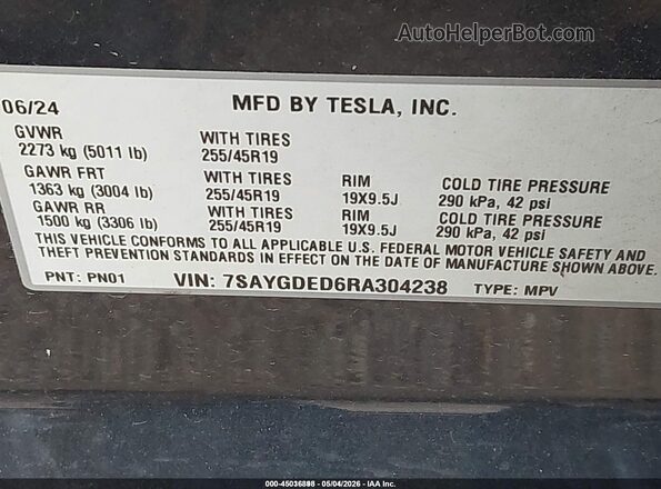 7SAYGDED6RA304238 2024 TESLA MODEL Y Gray ძრავის განყოფილების ხედი