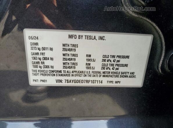 7SAYGDED7RF107114 2024 TESLA MODEL Серый Вид наклейки с VIN-кодом