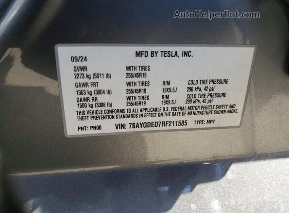 7SAYGDED7RF211585 2024 TESLA MODEL Серый Вид наклейки с VIN-кодом